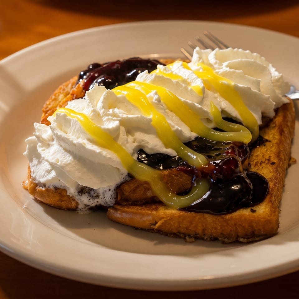 French toast topped with whipped cream, blueberry compote, and lemon drizzle, with syrup on the side.