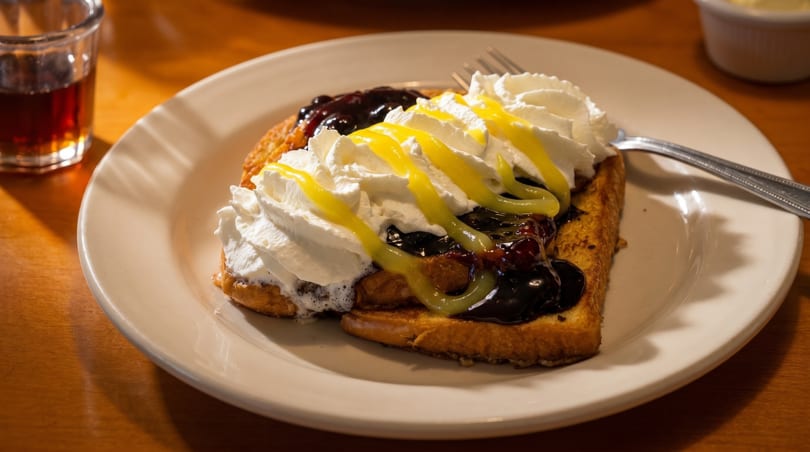 French toast topped with whipped cream, blueberry compote, and lemon drizzle, with syrup on the side.